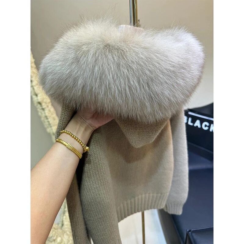 Korean Fashion High-End Elegant Large Fur Collar Knitted Cardigan Women's Autumn and Winter Khaki Loose Sweater Jacket Top
