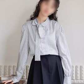 韩系绑带蝴蝶结条纹衬衣女春秋季百搭设计感小众长袖衬衫别致上衣