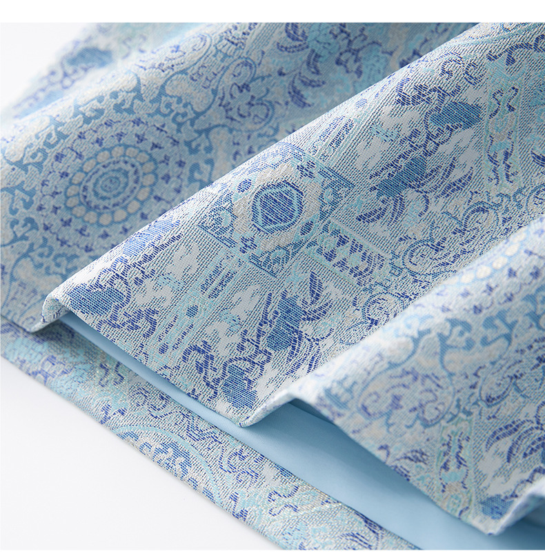 Váy chữ A jacquard lụa vàng phong cách quốc gia tay ngắn chất lượng cao — Màu xanh lam chi tiết 21