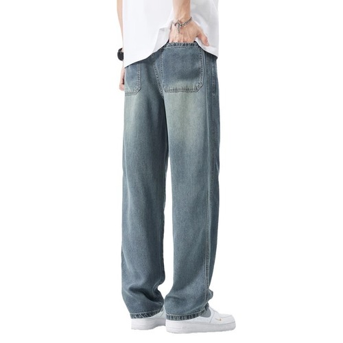 Summer Thin Ice Silk Denim Pants for Men, Loose-Fit Straight-Leg, Trendy Brand, Ice-Oxygen Cool-Feel Tencel Casual Wide-Leg Long Pants