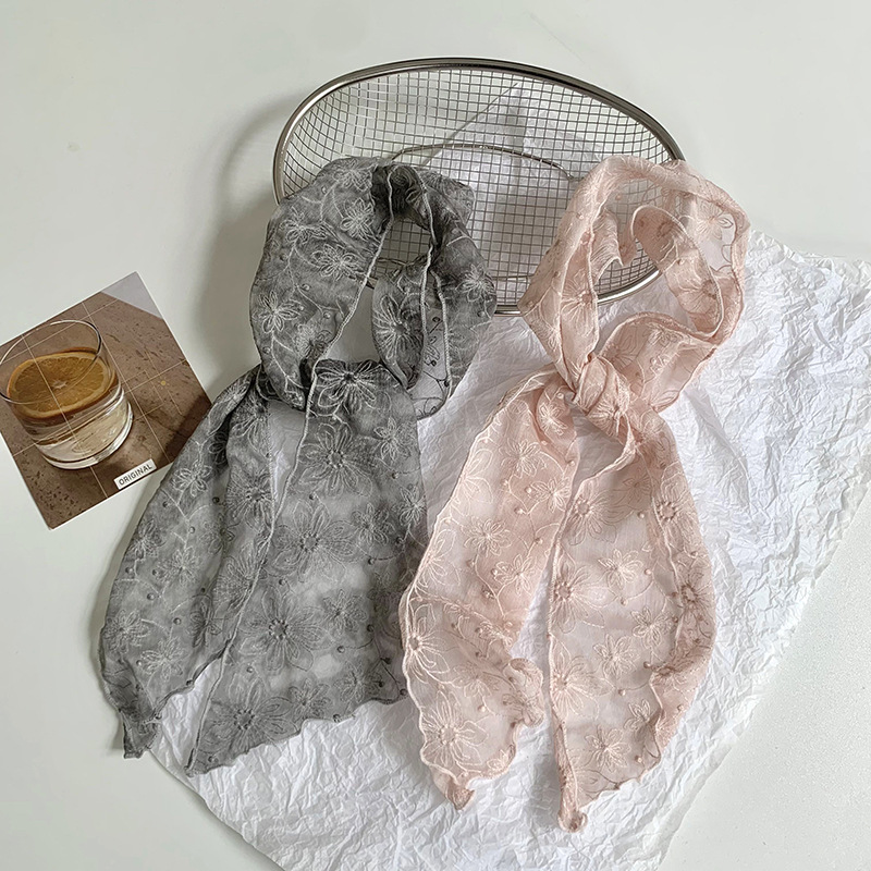 Pañuelo de seda de encaje, tira larga, sentido de alta gama, nueva primavera y verano, dulce cinta bordada, bufanda pequeña multiusos, cinta de bolsa atada