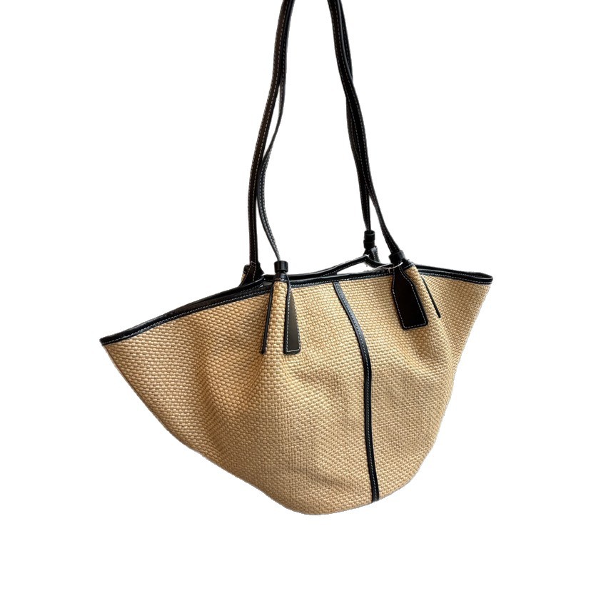 Women's 2026 New Trendy Cowhide Spliced Large Capacity Straw Woven Tote Bag - Vacation Style Fashion Shoulder Bag - Thumbnail 5