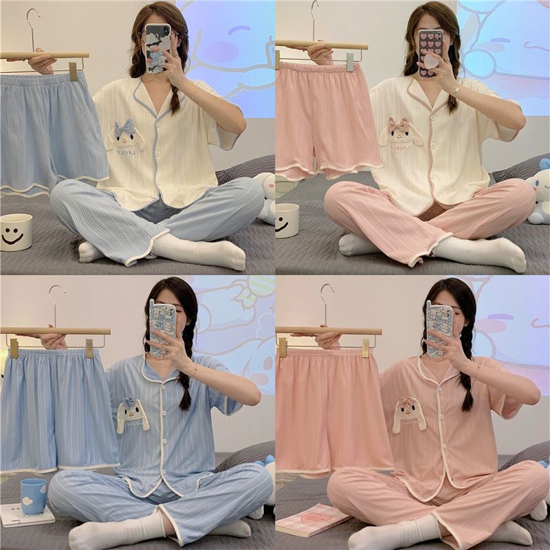 Factory Direct Sales Pajamas Female Internet Celebrity Live Broadcast Hot Summer Three-piece Cardigan Short-sleeved Pants Home Wear Set