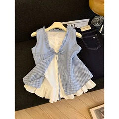 大码胖mm韩系减龄撞色假两件背心女夏季新款气质甜美无袖外穿上衣