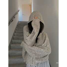 2025年秋冬季新款韩版宽松慵懒开衫洋气带帽子针织衫外穿连帽毛衣