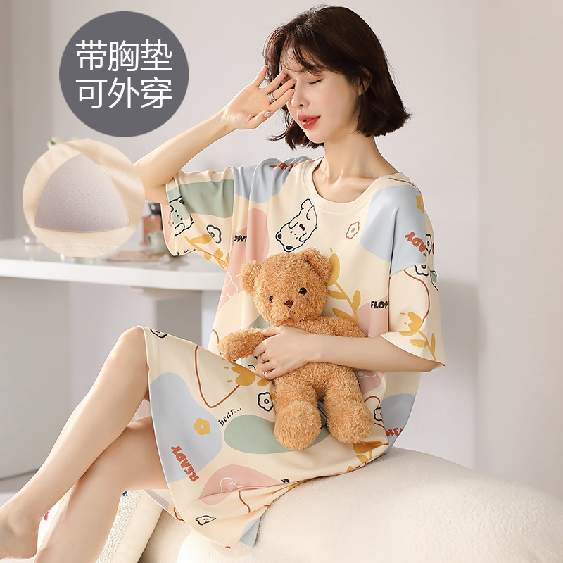 Nuevo camisón de manga corta para mujer, de seda de leche fina de verano con almohadillas en el pecho, ropa de estar, anti-marcas, se puede usar fuera de casa, conjunto transfronterizo.