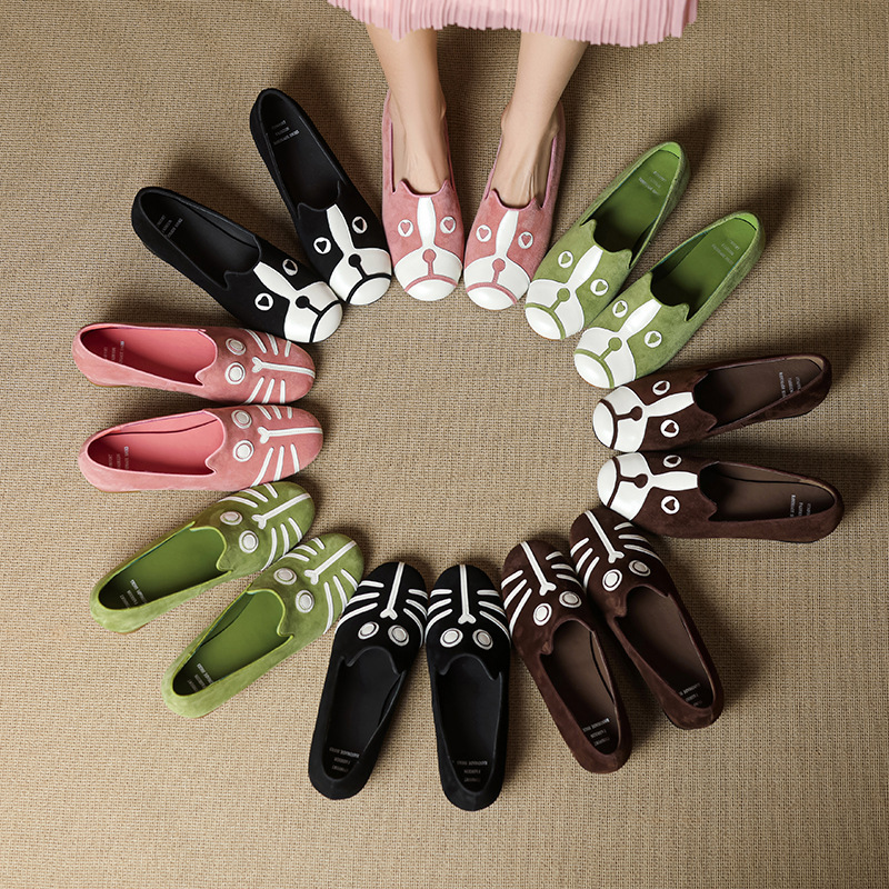 Sheepskin Cat Dog Shoes for Women 2025 Spring and Autumn New Cat Face Dog Cat Flat Loafers for Pregnant Women