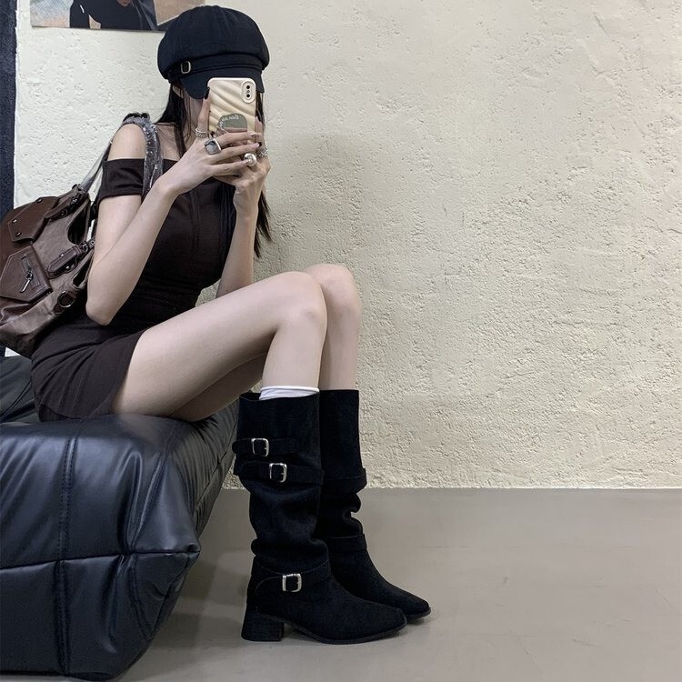 牛皮版~2025新款粗跟复古长筒靴女皮带扣褶皱堆堆靴高筒西部牛仔|undefined