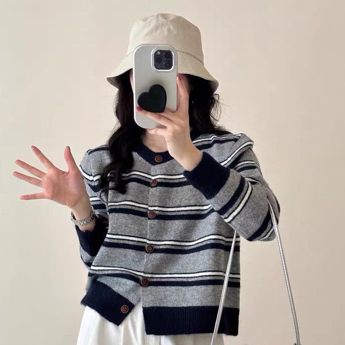 高级感复古撞色条纹针织开衫毛衣女秋冬新款长袖显瘦短款外套上衣|undefined