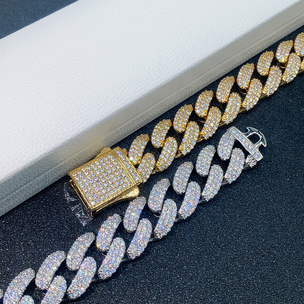 Ketting cubaanse schakel heren 18mm drie rijen diamant hip hop_voghion.com