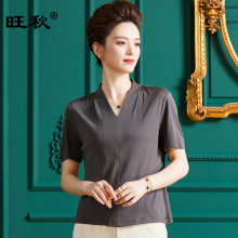 纯色V领桑蚕丝T恤女薄款150克加捻真丝上装夏季套头短袖上衣Y3517