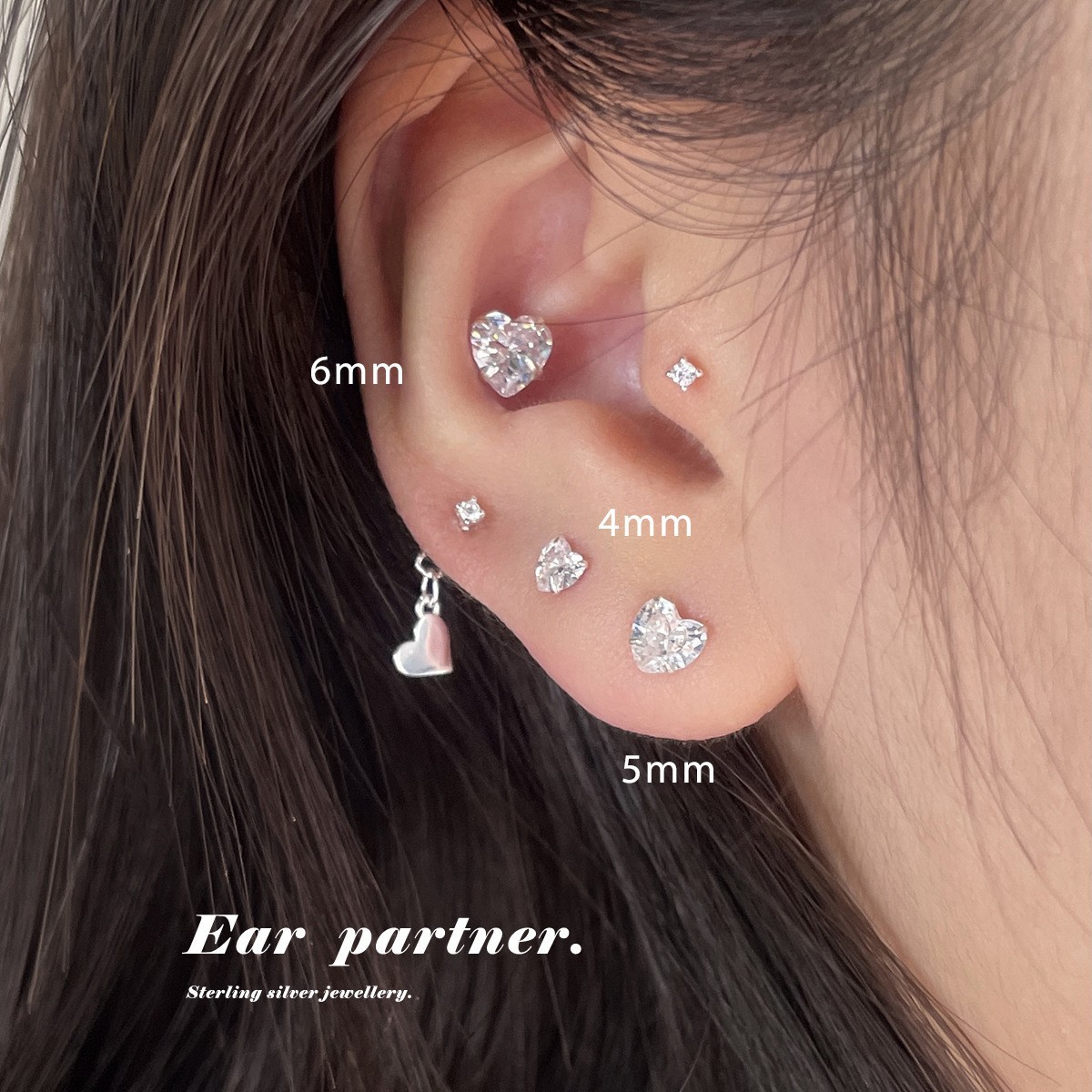 6 Pieces S925 Silver Needle Ear Nail Raising Ear Hole Love Ear Bone Nail Zircon Ear Nail Diamond Earrings Delicate Earrings for Women