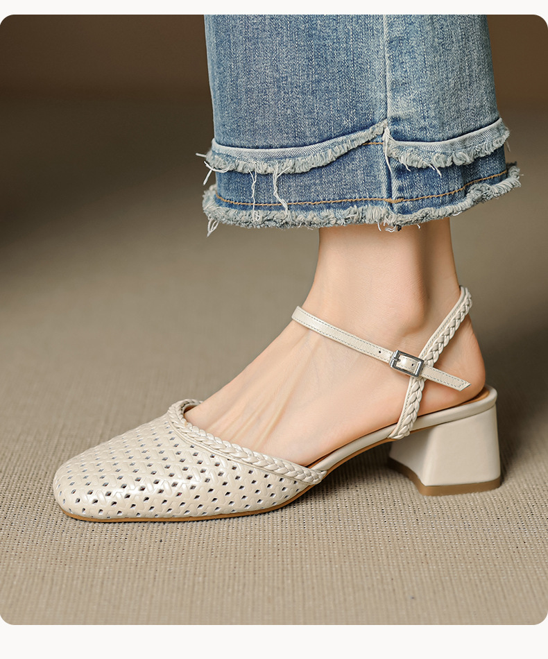 Giày sandal cao gót nữ quai ngang mũi tròn da bò, gót 5 cm — đen chi tiết 7