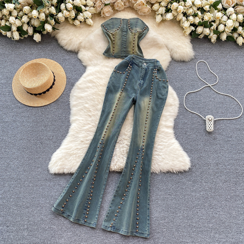 American Style Retro Hot Girl Denim suit Women's Beaded Design Slim Look Strapless Top High Waist Trousers