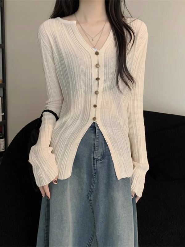 韩版V领肌理感冰丝针织衫开叉上衣女秋薄款小众设计防晒t恤罩衫|undefined