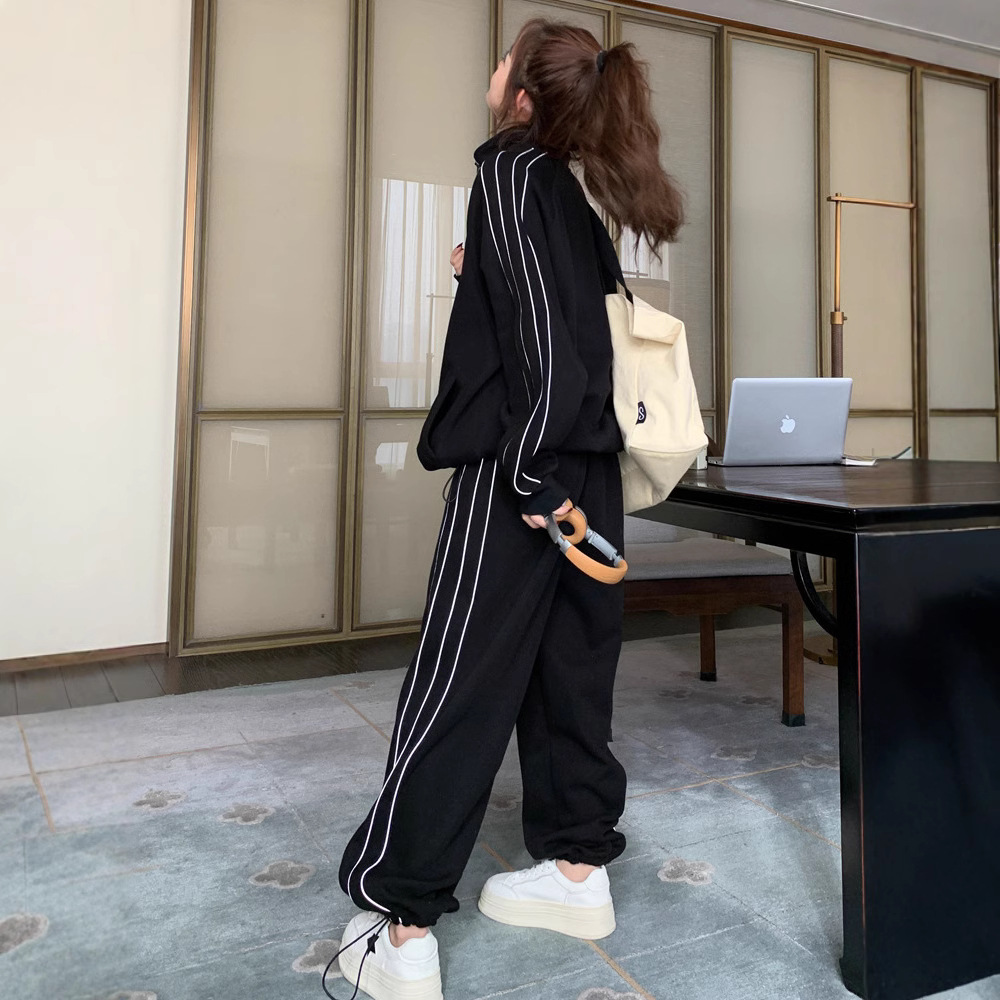 Autumn and Winter Salt Fried Street Black Sweatshirt suit Women's Casual Korean-style Foot-tied Sweatshirt Sportswear Two-piece Set