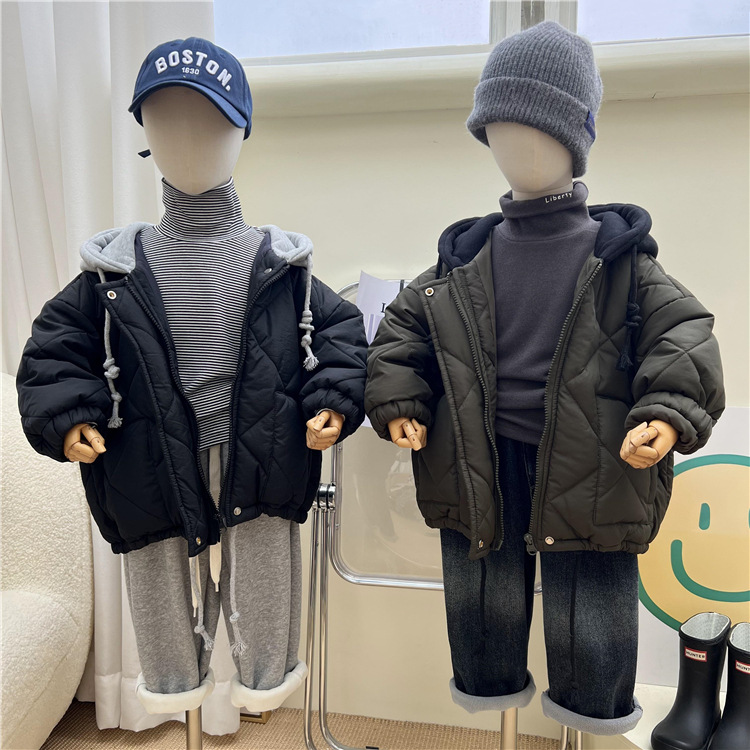 Children's Winter Set-in-One Hooded Cotton Coat for Boys and Girls, Korean Style, Outdoor Thick Gingham Long-Sleeve Cotton Jacket
