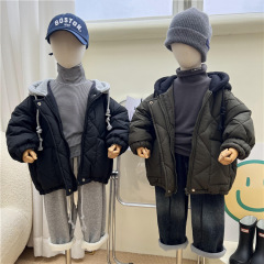 Children's Winter Set-in-One Hooded Cotton Coat for Boys and Girls, Korean Style, Outdoor Thick Gingham Long-Sleeve Cotton Jacket