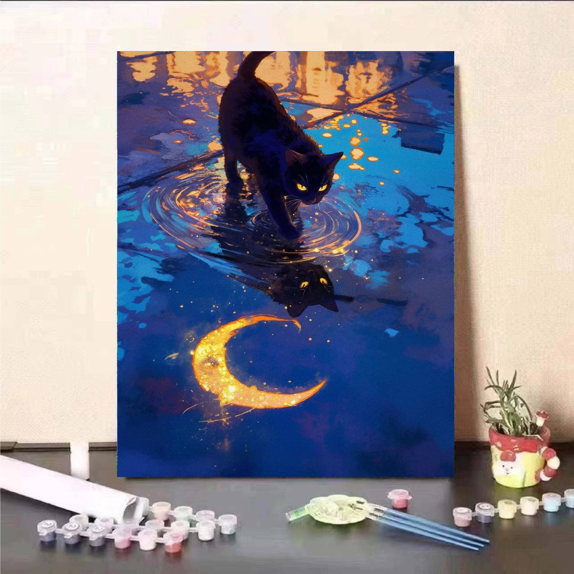 Luna gato diy pintura digital al óleo 2024 nuevo sistema de curación pintura al óleo de relleno acrílico descompresión regalo pintado a mano