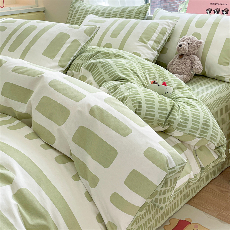 Juego de cuatro piezas de algodón fresco, juego de tres piezas de algodón, funda de edredón gruesa para el hogar, sábana de dormitorio, lijado, cama individual para estudiantes