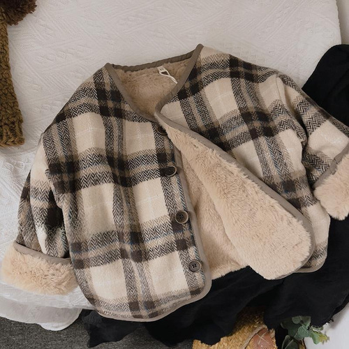 New children's padded and thick plaid coat for boys and girls, autumn and winter outerwear, cotton jacket for young children, loose outerwear, trendy