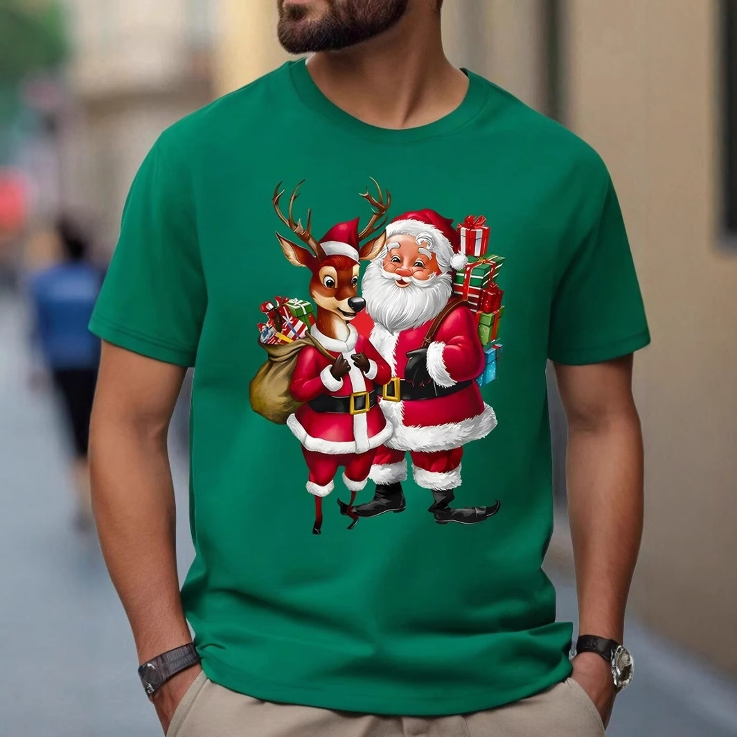 2024 Fun Christmas Series 3D Impresión digital Camiseta de manga corta transpirable de malla suelta de verano para hombre