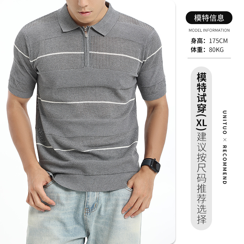 Cross-border hombre hielo de punto camisa de polo de manga corta lujo ligero negocio casual con collar rayas agujeradas camisa de polo hombre