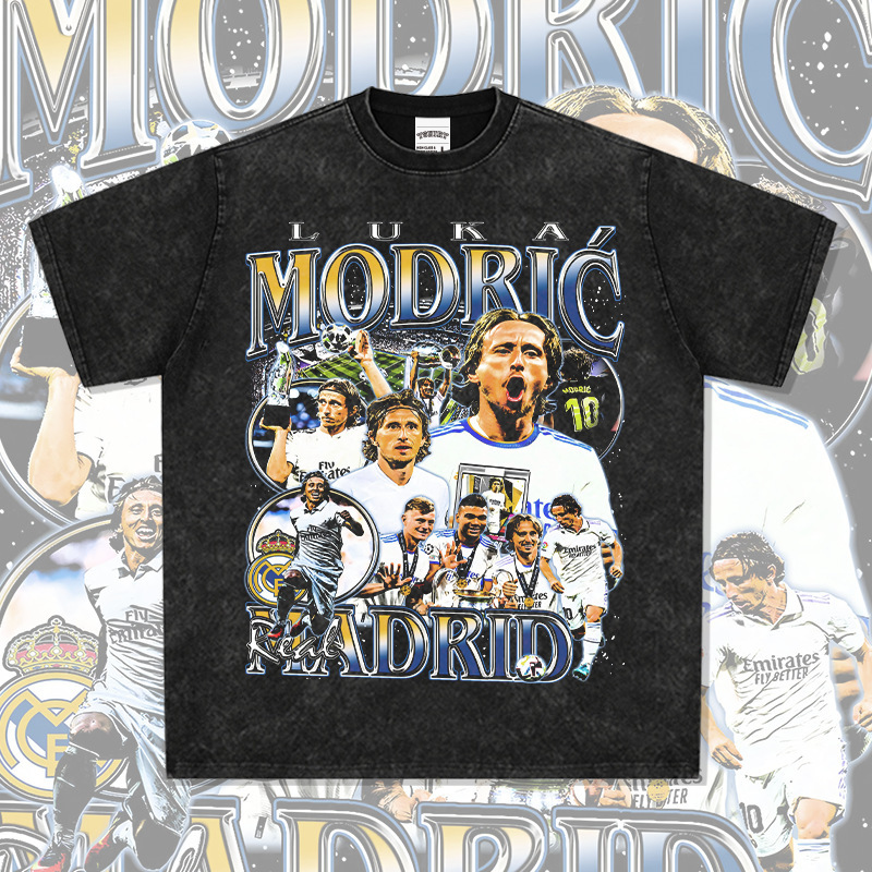 Cross-border American MODRIC Real Madrid Modric Printed Short-sleeved T-shirt Vintage Washed Heavy Loose Ins