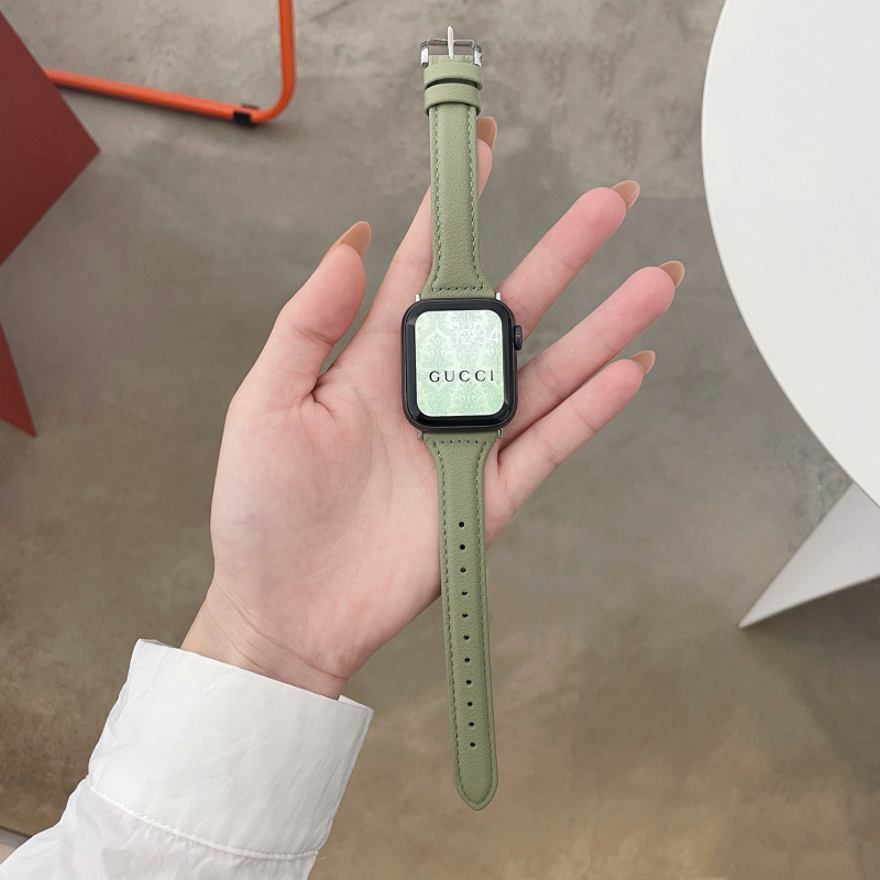 Suitable for applewatch7 Watch iwatch456 Generation se Leather Strap Fruit Green Simple Small Man Waist Thin