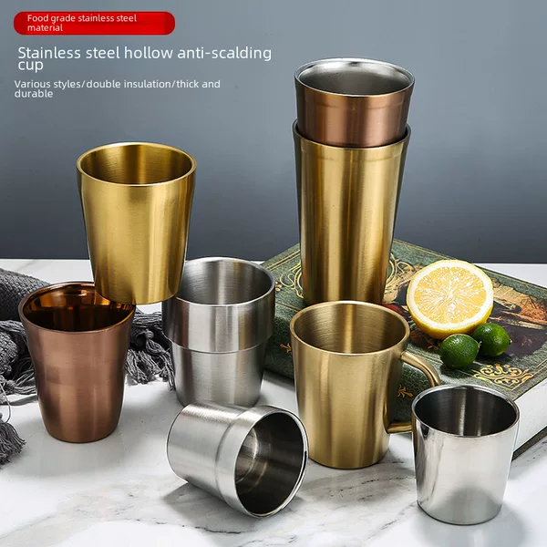 Wholesale 304 Korean Beer Cup Barbecue Restaurant Tea Beverage Milk Cup Double Layer Cup Drop-resistant Golden Cup