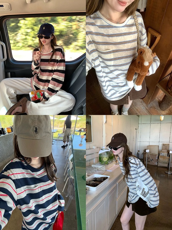 喜柿 miu系美学’条纹长袖t恤女秋季新款宽松韩系慵懒松弛感上衣|undefined