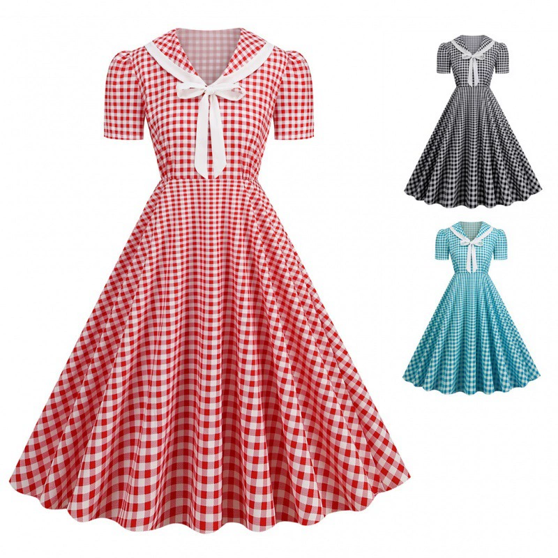 Трансграничная горячая распродажа ретро сладкое клетчатое платье в стиле Гонконга с узкой талией и большими качелями средней длины для похудения
