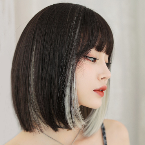 Wig for women with short hair, Internet celebrity, ear-hanging dyed full headband, clavicle hair, round face, full bangs, bob head, buckled full headband