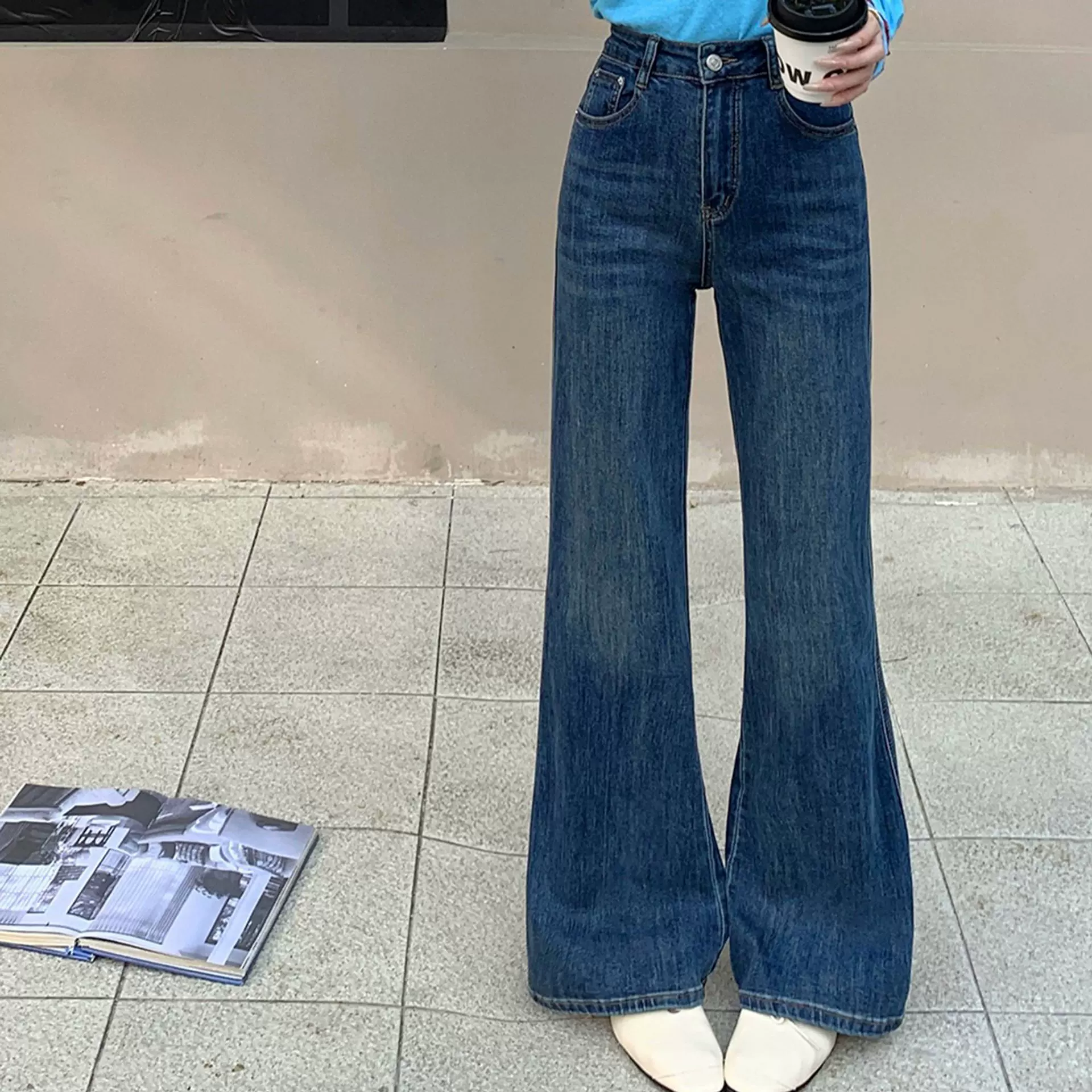 26春夏新款复古兰色不贴腿显瘦百搭微喇叭裤弹力牛仔长裤女22796