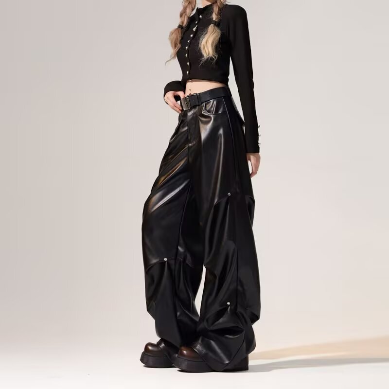 Black High Waist Wide Leg Leather Pants Spice Girls 2025 Spring New American Style Street-fried Design Sense Niche Long Pants