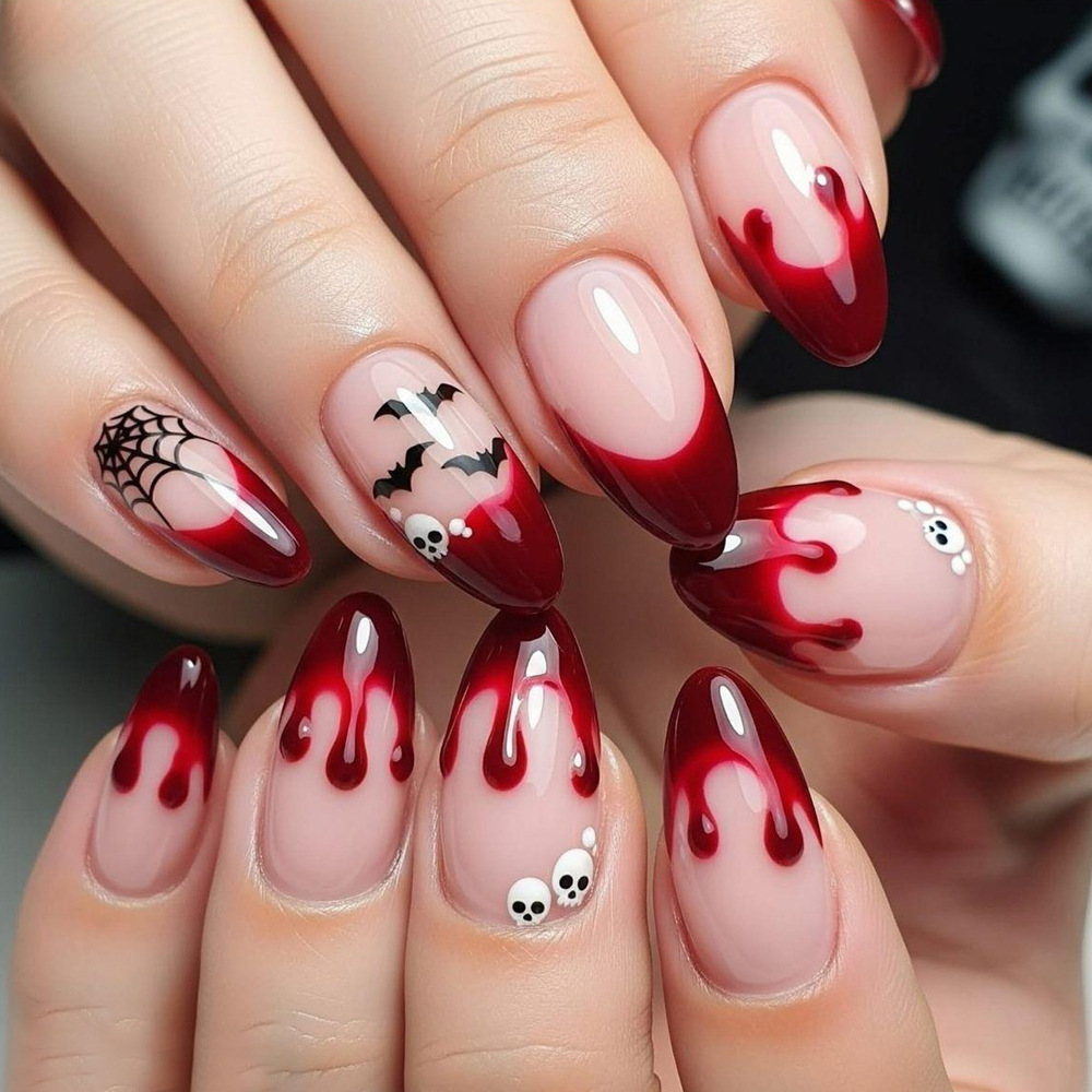 Transfronterizos Halloween gota de sangre manicure francesa murciélago oscuro viento caliente chica usar uñas 24 piezas de parche de uñas lote mixto
