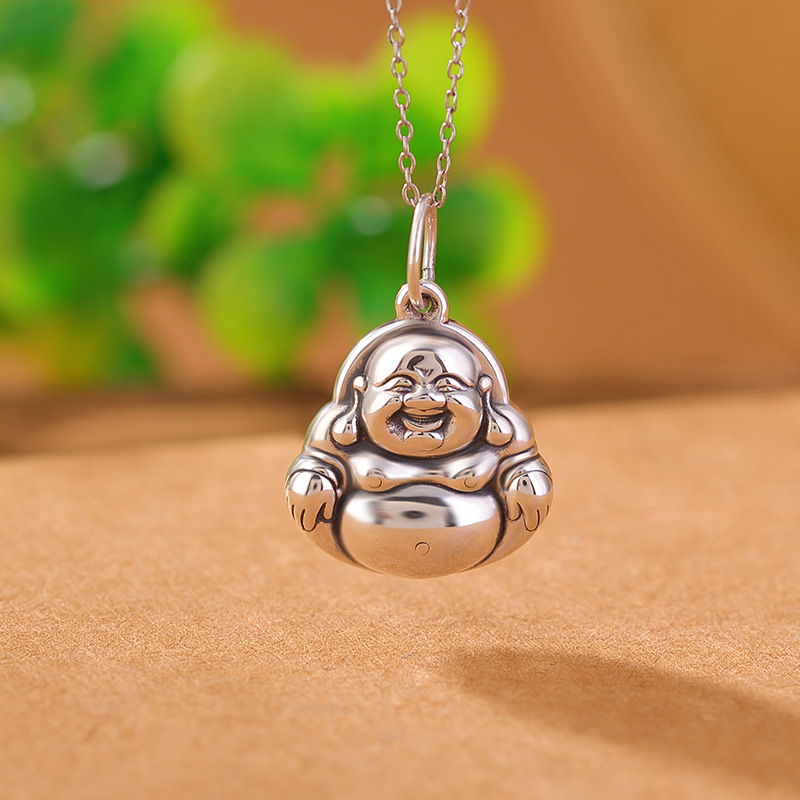 Mặt dây chuyền Phật Di Lặc bạc S999 cổ điển, mặt bóng, phong cách Trung Quốc, nụ cười mở mặt — Mặt dây chuyền đơn (không có dây chuyền)
