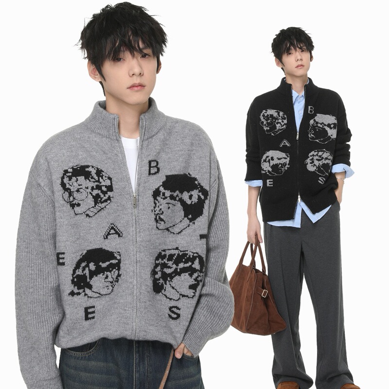 Men's clothing | American-Style Fashionable Retro Jacquard Stand-Collar Zip-Up Knit Cardigan Versatile