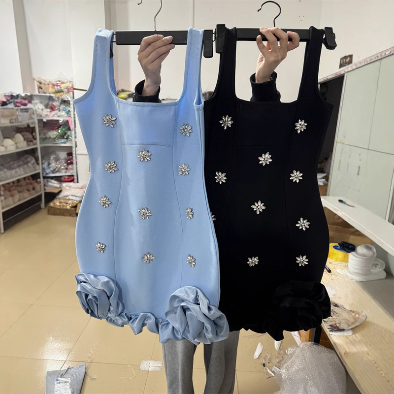 2025 Summer New Women's Clothing French Black Blue Design Sleeveless Vest Sling Ruffled Mini dress