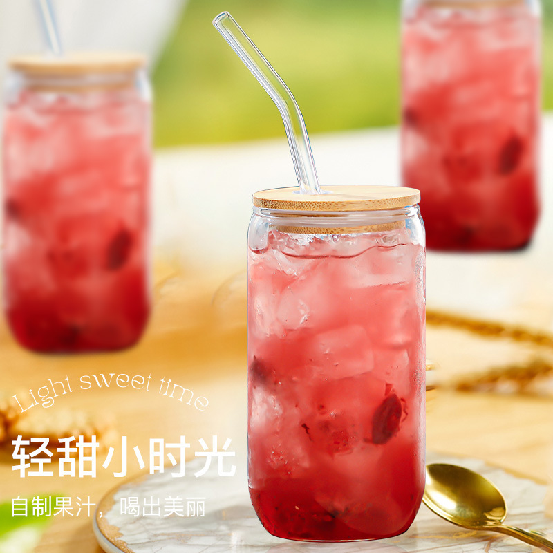 Vidrio transfronterizo 16oz Coca Cola taza Coke puede Mason taza bebida fría Gaopeng silicio con tapa de bambú ventosa tubo traje