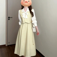 フレンチジェントルスタイルのリボン長袖フェイクツーピースドレス女子学生カレッジスタイルミドル丈スカート