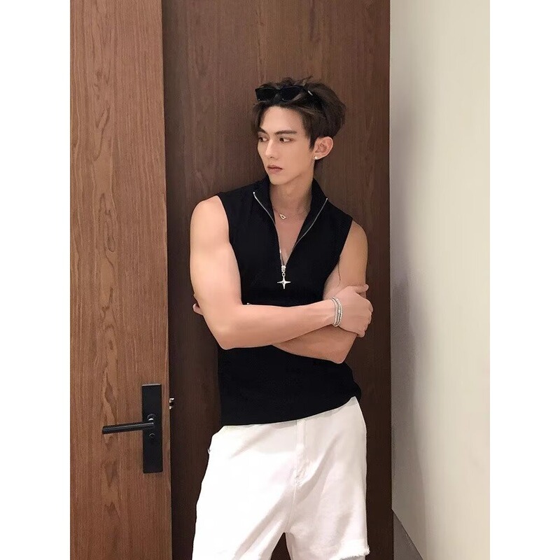 Polo Shirt Vest Men's Summer Vest High Street Design Half Zipper Sleeveless American T-Shirt Style Stand Collar Handsome Vest