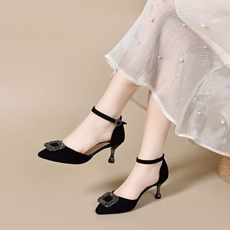 Hollow Sandals Women's 2025 Summer New Pointed Toe Square Buckle Stiletto Women's Shoes One-Line Buckle Black Elegant High Heels