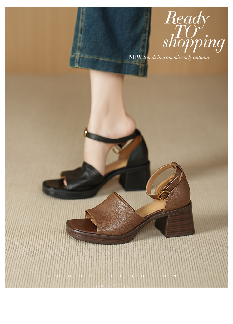 Sandal cao gót nữ hở mũi quai ngang khóa, da dê cao cấp, gót vuông ổn định — đen chi tiết 1