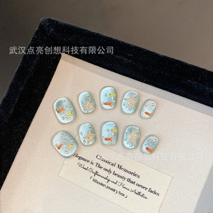 (Original) Handmade Wearable Nails Lake Blue Cute Sweet Little Fish Cat Eye Nails Short Wearable Nails Purely Handmade