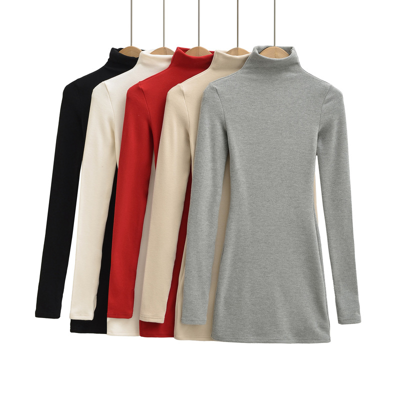 Half-High Collar Brushed Velvet Stretchy Slim-Fit Long-Sleeve Dress for Women, Autumn and Winter Simple Style, Waist-Cinching Bodycon Short Dress Half-High Collar Brushed Velvet Stretchy Slim-Fit Long-Sleeve Dress for Women, Autumn and Winter Simple Style, Waist-Cinching Bodycon Short Dress