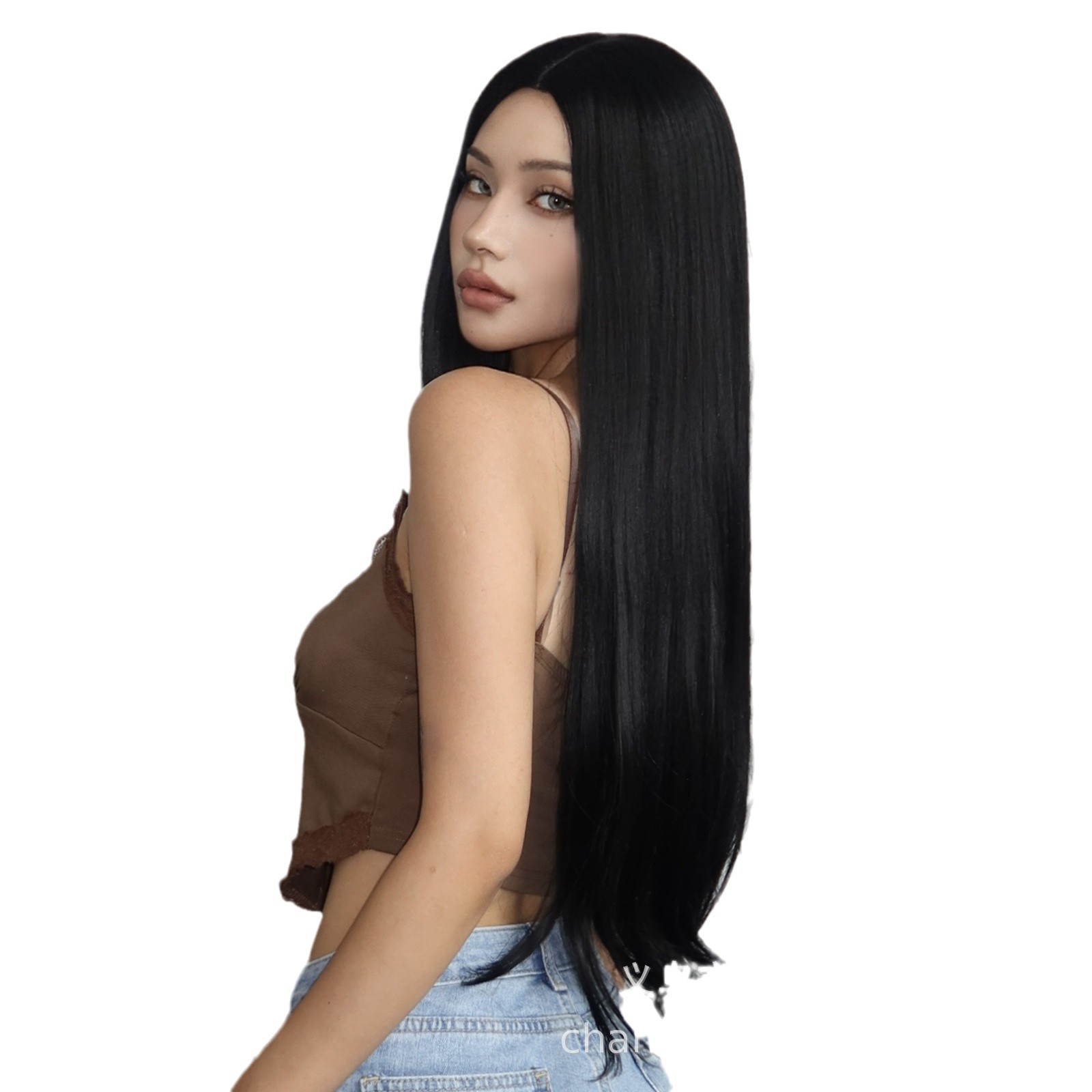 Luz transfronteriza Europa y América hasta la cintura peluca de pelo liso de longitud media negra cabeza entera seda doméstica femenina natural peluca Xuchang wigs