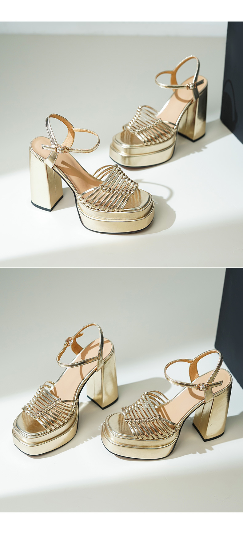Sandal cao gót nữ hở mũi quai mảnh đan chữ một, gót 13 cm — màu vàng chi tiết 8