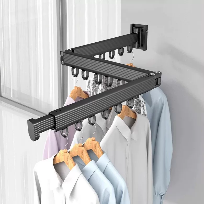 No punching folding clothes drying rack balcony household clothes drying rod drying artifact wall hanging invisible shrink bay window clothes drying rack