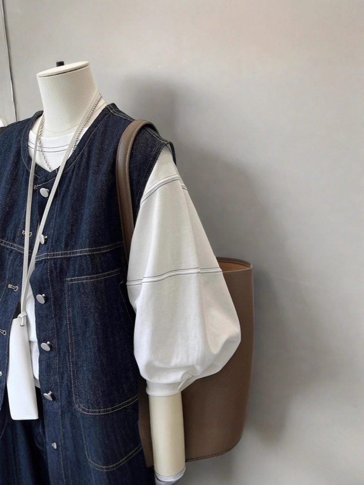 Áo vest denim nữ không tay phối lớp phong cách retro, dáng ôm, dài 50–65 cm — màu xanh đậm